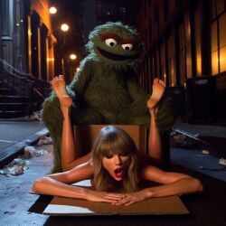 1girls ai_generated alley ass blonde_hair cardboard cardboard_box celebrity dall-e3 doggy_style garbage green_fur implied_sex muppets naked naked_female nude nude_female open_mouth oscar_the_grouch prone_bone puppet real_person sesame_street shows spanking tagme taylor_swift the_muppet_show trash