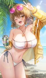 1girls :d ahoge anis_(nikke) anis_(sparkling_summer)_(nikke) bare_shoulders beach bikini blonde_hair blush breasts cleavage contrapposto cowboy_shot day eyepatch_bikini eyewear_on_head female goddess_of_victory:_nikke holding jacket jewelry large_breasts looking_at_viewer midriff navel necklace ocean off-shoulder_jacket off_shoulder official_alternate_costume one_eye_closed open_mouth outdoors palm_leaf pink-tinted_eyewear ppudang sand short_hair side-tie_bikini_bottom smile solo standing string_bikini sunglasses sweat swimsuit tinted_eyewear v water white_bikini yellow_eyes yellow_jacket