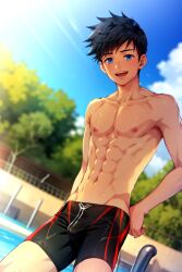 ai_generated athletic_male black_hair blue_eyes camp_buddy male male_only natsumi_hamasaki pool smile smiling_at_viewer solo_male swimming_trunks