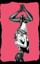 2girls ass asymmetrical_hair black_and_white closed_eyes clothed edit edited eyebrow_piercing female female_only fixed gwen_stacy hanging_from_rope kissing lesbian_kiss marvel silk_(marvel) spider-gwen spider-man_kiss spider-man_upside-down_kiss spider_kiss spider_web upside-down_kiss yuri