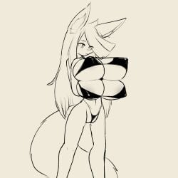 4_breasts animal_humanoid areola big_breasts bikini breasts canid canid_humanoid canine canine_humanoid clothing female fox_humanoid fuyumi_(zedrin) genitals hair hi_res huge_breasts humanoid long_hair looking_at_viewer mammal mammal_humanoid monochrome multi_breast navel nipple_outline pussy simple_background solo standing swimwear tail zedrin