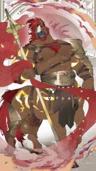 2025 abs alvintanubis arm_tattoo armor balls beard biceps big_treeeee brown_body brown_fur brown_hooves cuisse deltoids ear_piercing ear_ring equid equine eye_scar eyebrow_piercing eyebrow_ring facial_hair facial_piercing facial_scar foreskin fur genitals hair hi_res holding_melee_weapon holding_object holding_polearm holding_spear holding_weapon hooves horse leather leather_armor looking_at_viewer male mammal manica melee_weapon obliques pecs penis piercing polearm pteruges red_hair ring_piercing scar solo spear tail tattoo taur weapon xavier_(alvintanubis) yellow_eyes