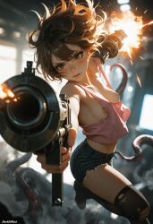 1girls action_pose ai_generated breasts breasts_out darkeffect female female_focus female_only front_view gun looking_at_viewer petite petite_body petite_female presenting shooting shooting_gun solo solo_female solo_focus