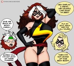 2girls angry angry_face anna_marie avengers big_breasts blonde_hair breasts carol_danvers coloredyiddies english_text grey_background huge_breasts large_breasts marvel marvel_comics mask masked_female ms._marvel_(carol_danvers) multicolored_hair possessed possession rogue_(x-men) speech_bubble superheroine thick_thighs x-men