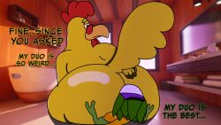 16:9 2025 4k absurd_res anthro ass avian beak bent_over between_buttocks big_butt bird black_eyes bubble_butt butt_in_face butt_smother chameleon chicken dialogue digital_media_(artwork) duo english_text epic_games ernie_the_giant_chicken face_in_ass facesitting family_guy feathers fortnite fortnite:_battle_royale galliform green_body hand_on_butt hi_res huge_butt lizard looking_back male male/male oral phasianid rear_view reptile scalie sitting_on_another size_difference smothering tail text vandoughy widescreen yellow_body yellow_feathers ziggy_(fortnite)