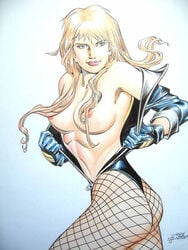 ass black_canary blonde_hair blue_eyes breasts dc dc_comics dinah female fishnets gloves green_arrow_(series) long_hair nipples noly_zamora tagme zipper zipper_down zipper_pull_tab