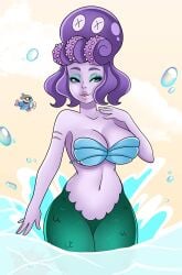 abs big_breasts blue_eyes cala_maria cuphead_(game) hourglass_figure large_breasts mermaid midriff mugman octopus purple_skin seashell seashell_bra tagme_(artist)