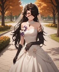 ai_generated black_hair bride cinder_fall eye_patch nimona1491_(artist) rwby wedding_dress
