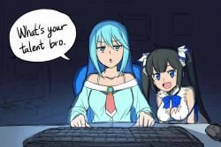 ai_generated aqua_(konosuba) ass bedroom bored_expression computer computer_mouse dungeon_ni_deai_wo_motomeru_no_wa_machigatteiru_darou_ka english_text female happy hestia_(danmachi) huge_ass keyboard konata_izumi kono_subarashii_sekai_ni_shukufuku_wo! looking_back lucky_star multiple_females multiple_girls night open_mouth pajamas speech_bubble thissave video webcam