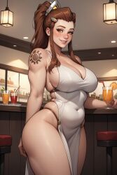 ai_generated big_ass big_breasts blush breasts brigitte brigitte_lindholm female overwatch overwatch_2 pelvic_curtain pyke_is_op restaurant smile standing thick thick_ass thick_thighs