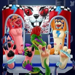1:1 3_toes 4_fingers absurd_res alligator alligatorid anthro balls bear black_nose black_pawpads bodily_fluids brown_body brown_fur buckteeth canid canine cheek_tuft chest_tuft claws closed_eyes clothing crocodilian cum ear_piercing ear_ring ejaculation eyebrows facial_tuft featureless_chest feet finger_claws fingerless_gloves fingers five_nights_at_freddy's five_nights_at_freddy's:_security_breach foot_fetish foot_lick foot_play fox fur fur_tuft genital_fluids genitals glamrock_foxy_(fnaf) glamrock_freddy_(fnaf) gloves green_body green_scales group hair handwear hi_res lagomorph laugh leporid licking loose_feather male mammal misterfuchs montgomery_gator_(fnaf) multicolored_body open_mouth open_smile orange_hair pawpads paws pecs penis piercing purple_clothing purple_fingerless_gloves purple_gloves purple_handwear rabbit red_body red_fur red_mohawk red_sclera red_tongue reptile restrained restraints ring_piercing robot_arms scales scalie scottgames smile steel_wool_studios stocks tail tail_tickle tan_body tan_fur teeth tickle_fetish tickle_torture tickling tickling_armpits tickling_feet tickling_machine tickling_sides toe_claws toes tongue tongue_out tuft vanny_(fnaf) whiskers