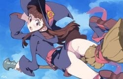 1girls akko_kagari artist_name ass black_hat blue_boots blue_sky boots broom broom_riding brown_eyes brown_hair butt cameltoe clothed cloud day female female_focus female_only flying flying_broom hat highres kagari_atsuko little_witch_academia long_hair looking_at_viewer optionaltypo outdoors panties pink_panties pussy pussy_juice pussy_juice_drip sky solo teenage_girl teenager thighs underwear witch_hat