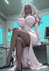 ai_generated alternate_body_type alternate_breast_size bare_legs big_ass big_thighs black_footwear blue_eyes blush bottom_heavy breasts child_bearing_hips crossed_legs curvaceous curves curvy curvy_body curvy_figure dark-skinned_female dark_skin desk dress female female_only forehead from_below full_body gigantic_ass glossy glossy_body grey_hair grin halo hazbin_hotel hi_res high_heels high_resolution highres hourglass_figure huge_ass huge_breasts indoors large_breasts large_thighs leaguewaifus legs long_hair long_sleeves looking_at_viewer massive_ass monitor office parted_lips sera_(hazbin_hotel) shiny_skin sitting skin_gloss skull_crushing_thighs smile solo stable_diffusion teeth thick_thighs thighs thunder_thighs very_dark_skin voluptuous white_dress white_hair wide_hips