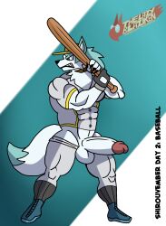 absurd_res angry anthro balls baseball_(ball) baseball_bat baseball_uniform bat_(object) big_muscles big_penis big_tail blue_body blue_eyes blue_fur brand_new_animal canid canine canis clothing fur genitals hi_res huge_cock male mammal muscles muscular penis shirou_ogami solo sportswear studio_trigger tail the_lazy_blaziken uniform white_body white_fur wolf