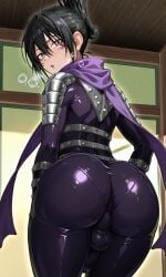1boy ai ai_generated anal anal_fluid anal_object_insertion anus arms_up balls big_ass blush bodysuit bound bound_wrists bubble_butt butt commentary covered_navel erection facial_mark femboy folded_ponytail from_below hair_between_eyes highres long_hair male male_focus male_only male_penetrated ninja nipple_cutout nipples one-punch_man otoko_no_ko pectorals penis perspective purple_eyes rcos round_ass shiny_clothes shiny_skin skin_tight speed-o'-sound_sonic squatting steaming_body sweat testicles torn_bodysuit