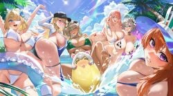 6+girls absurdres animal_ears animal_print arms_up ass barefoot bell bikini black_hat blonde_hair blue_eyes blue_one-piece_swimsuit blush bouncing_breasts breasts brown_dust_(series) brown_dust_2 cleavage clenched_teeth cow_ears cow_print cow_print_bikini cowbell dark-skinned_female dark_skin demon_horns eyebrows_hidden_by_hair fake_animal_ears fake_horns female female_only from_behind grey_hair groin hair_between_eyes hair_over_one_eye hat highres horns huge_ass huge_breasts innertube justia_(brown_dust) justia_(hot_summer_dream)_(brown_dust) lens_flare long_hair looking_at_viewer looking_back medium_hair mountainous_horizon multiple_females multiple_girls navel nebris_(brown_dust_2) nebris_(laid-back_lifeguard)_(brown_dust_2) neck_bell ocean okao4142 one-piece_swimsuit one_eye_closed open_mouth orange_hair palm_tree partially_visible_vulva print_bikini purple_eyes pussy rainbow shell shell_bikini shiny_skin short_hair single_hair_streak skindentation small_horns smile soles splashing stomach swim_ring swimsuit sylvia_(brown_dust) teeth teresse_(brown_dust) thigh_strap toes tree visor_cap wilhelmina_(brown_dust) yuridori_(brown_dust) zenith_(brown_dust) zenith_(poolside_guardian)_(brown_dust)