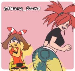 fart fart_cloud fart_fetish farting farting_in_face flannery_(pokemon) ketrita may_(pokemon) red_eyes red_hair simple_background stinky_fart twitter_username