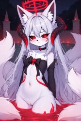 ai_generated anthro black_sclera blood_pool body_markings bottomless_female canine choker curvy_female demon detached_sleeves exposed_pussy face_markings female flat_chest fox furry glowing_eyes halo horns markings night pool pussy red_eyes red_markings slit_pupils submerged unamused white_body white_hair wide_hips
