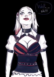 1girls 2d 2d_(artwork) ashleyblaze_(editor) batman:_arkham_knight batman_(series) black_background blonde_hair bust choker cleavage clothed clothed_female collar color corset dc dc_comics devil_hs edit female female_only harley_quinn harley_quinn_(arkham) harley_quinn_(arkham_knight) imminent_sex large_breasts light_skin lipstick looking_up makeup mascara narrow_waist non-nude red_lipstick solo swearing third-party_edit