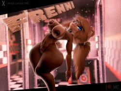 3d_(artwork) anthro areola bear big_breasts blue_eyes blue_eyeshadow blurred_background breast_grab breast_squish breasts brown_areola brown_body brown_hair brown_nipples brown_theme character_name dark_areola dark_nipples digital_media_(artwork) english_text eyeshadow female five_nights_at_freddy's freddy_(fnaf) fredina's_nightclub fredina_(cally3d) frenni_(cryptiacurves) frenni_fazclaire genitals glistening_eyeshadow glistening_neck glowing glowing_eyes grabbing_own_breast grin grinning_at_viewer hair hand_on_breast hand_on_own_breast innie_vulva inside leaning leaning_backward long_hair looking_at_viewer magiccorpo makeup mammal mtf_crossgender nipples ponytail rule_63 scottgames smile smiling_at_viewer solo squish text thick_thighs url vulva watermark wide_hips