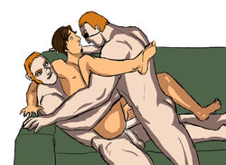 3boys anal_penetration anal_sex ass biceps brown_hair cum cum_in_ass disney double_anal double_penetration erect_while_penetrated erection eugene_fitzherbert eye_patch flynn_rider gay gay_domination gay_orgy gay_sex ginger_hair human legs_held_open male male/male/male male_only multiple_males muscles nude on_couch patchy_(tangled) penises_touching questionable_consent sideburns sideburns_(tangled) sitting_on_penis stabbington_brothers tangled threesome two_on_one yaoi