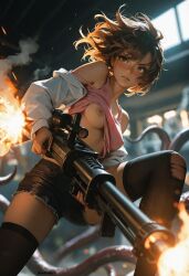 1girls action_pose ai_generated breasts breasts_out darkeffect female female_focus female_only front_view gun looking_away machine_gun presenting shooting shooting_gun solo solo_female solo_focus