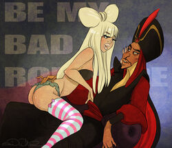 aladdin arab_male blonde blonde_hair crossover disney eye_contact jafar kneehighs lady_gaga musician panties seductive tan_body thick_lips