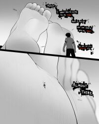 1boy 1girls 2d 2d_(artwork) alice_omnia_(nanoscopic) big_feet black_and_white climbing climbing_feet feet feet_together feet_up female foot_expansion foot_fetish foot_focus foot_growth giantess giantess_growth goddess growing growth growth_sequence large_feet larger_female macro male nanoscopic_(artist) original_character original_characters sequence shrunken_male smaller_male soles soles_female speech_bubble toes