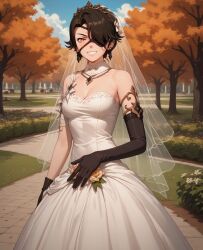 ai_generated black_hair bride cinder_fall eye_patch nimona1491_(artist) rwby wedding_dress