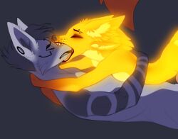 2022 4_ears anthro barbell_piercing bite biting_another biting_partner black_lips black_nose blue_body blue_fur blue_hair canid canine closed_eyes discreet_user duo eyebrow_piercing facial_piercing female fox fur fyre_fox genitals gloves_(marking) glowing glowing_body glowing_fur hair lips male male/female mammal markings multi_ear mylar_(discreet_user) nom nude nude_female nude_male penis piercing tail teeth whisker_spots yellow_body yellow_fur
