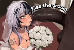 ai_generated balls black_hair black_lives_matter blacked blacked_tattoo brattyanny breasts bride cleavage cum cum_on_face dark-skinned_male female foreskin groom hololive hololive_english hololive_english_-advent- imminent_oral imminent_sex interracial large_breasts large_penis larger_male looking_at_penis male male/female penis penis_awe rose_(flower) ruined_makeup shiori_novella size_difference smaller_female testicles text two-tone_hair uncircumcised uncircumcised_penis virtual_youtuber wedding wedding_dress white_hair yellow_eyes