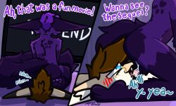 anal anthro big_ears big_tail blue_eyes blush blush_lines bodily_fluids brown_hair canid canine dialogue duo electronics facesitting fangs fennec_fox footprint fox fur hair hi_res light_body light_fur male male/male mammal markings oral pawprint pawprint_(marking) purple_body purple_fur purple_hair rimming roxo roxo_(artist) sabertooth_(anatomy) saliva saliva_on_tongue saliva_string sequence sex signature sitting_on_another tail teeth television text tongue tongue_out true_fox two_panel_image watching_movie
