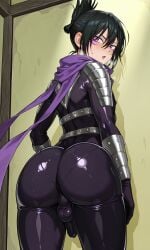 1boy ai ai_generated anal anal_fluid anal_object_insertion anus arms_up balls big_ass blush bodysuit bound bound_wrists bubble_butt butt commentary covered_navel erection facial_mark femboy folded_ponytail from_below hair_between_eyes highres long_hair male male_focus male_only male_penetrated ninja nipple_cutout nipples one-punch_man otoko_no_ko pectorals penis perspective purple_eyes rcos round_ass shiny_clothes shiny_skin skin_tight speed-o'-sound_sonic squatting steaming_body sweat testicles torn_bodysuit
