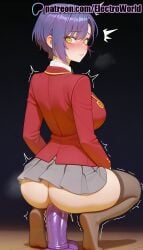 1girls 2025 ^^^ ai_generated artist_name ass bangs blush breasts bust chest electroworld eyebrows_visible_through_hair female hi_res high_quality high_resolution highres jacket long_sleeves looking_at_viewer mikadono_kazuki mikadono_sanshimai_wa_angai_choroi motion_lines no_panties nose_blush object_insertion orgasm patreon patreon_username pleated_skirt purple_hair pussy pussy_juice red_jacket short_hair skirt solo sound_effects squatting stable_diffusion thighhighs trembling twitching watermark yellow_eyes