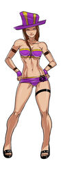 armband breasts brown_eyes brown_hair caitlyn_kiramman female ganassa league_of_legends leg_band long_hair solo swimsuit top_hat tubetop white_background