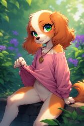 ai_generated anthro bare_shoulders bottomless_female canid canine canis domestic_dog exposed_pussy female flashing flat_chest furry gold_jewelry green_eyes necklace orange_body pussy shirt_lift sitting smile white_body young