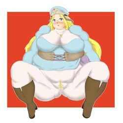 blonde_hair blue_eyes blush boots breasts cross fat fat_mons female glasses huge_breasts jewelry long_hair melpha necklace nun obese open_mouth pantyhose plump queen's_blade sitting solo spread_legs thick_thighs thighs