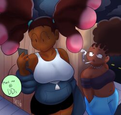 2girls acci_(daisykitty96) belly big_breasts chubby_female cigarette daisykitty96 female female_only looking_at_phone motif_(daisykitty96) shortstack tall_female