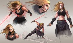 1girls abs armwear artist_signature black_legwear blonde_hair boots bra chelobek4 comic female grin holding_weapon hood hood_down lightsaber lightsaber_hilt long_hair looking_at_viewer multiple_views muscles muscular muscular_arms muscular_female no_nude no_sex not_porn orange orange_eyes pants red_lightsaber sith star_wars sword tattoos toned_female tummy weapon