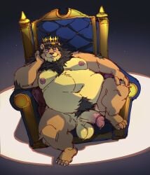 anthro balls belly belly_hair big_balls big_belly big_penis black_hair body_hair chair crown felid fur furniture genitals hair headgear hi_res king lion male mammal mane moobs nipples obese obese_male overweight overweight_male pantherine penis royalty solo tan_body tan_fur throne zangusuu