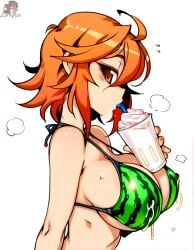 ahoge ai_generated bikini breasts drinking_milk drinking_straw drinking_straw_in_mouth female from_side lactating lactation lactation_through_clothes large_breasts leaking_milk leaking_nipples looking_at_viewer milk_drip milkshake orange_eyes orange_hair short_hair side_eye solo straw underboob upper_body watermelon_bikini watermelon_print zorkpics