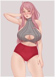 arm_behind_head arm_up blush blush_lines bnvt boob_window breasts bruneian bruneian_vtuber crop_top elost_vt_(bnvt) female indie_virtual_youtuber indie_vtuber jakkel_draws knitted_crop_top large_breasts long_hair pink_eyes pink_hair red_briefs red_underwear sagging_breasts shy sideboob standing turtleneck underboob underwear virtual_youtuber vtuber