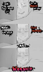 1boy 1girls 2d 2d_(artwork) alice_omnia_(nanoscopic) black_and_white feet feet_up female foot_expansion foot_fetish foot_fetish_validation foot_focus foot_growth foot_worship giantess giantess_growth goddess growing growth growth_sequence larger_female light-skinned_female light_hair male nanoscopic_(artist) original_character original_characters praise sequence shrunken_male smaller_male smile smug smug_face smug_grin soles soles_female speech_bubble toes