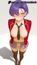 1girls 2025 ai_generated artist_name black_necktie blush breasts bust chest electroworld exposed_nipples female from_above gradient gradient_background hi_res high_quality high_resolution highres looking_at_viewer mikadono_kazuki mikadono_sanshimai_wa_angai_choroi navel necktie nipples nipples_outside patreon patreon_username purple_hair red_jacket shadow short_hair solo stable_diffusion thighhighs watermark yellow_eyes