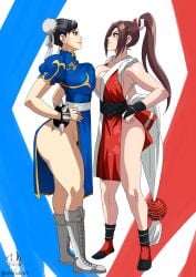 2girls akiman_pose bottomless bracelet breast_contest breast_press breasts breasts_to_breasts capcom catfight chinese_clothes chun-li cleavage cropped_jacket crossover docking double_bun eye_contact eyeshadow fat_breasts fatal_fury fatal_fury:_city_of_the_wolves female female_only flat_belly full_body gloves hair_bun hands_on_own_hips highres jewelry jiggle king_of_fighters large_breasts looking_at_another mai_shiranui makeup mature mature_female multiple_females multiple_girls ninrubio no_panties no_panties_under_dress revealing_clothes simple_background skimpy skimpy_clothes snk street_fighter street_fighter_6 sumo_wrestling symmetrical_docking thick_thighs thighs tight_clothes voluptuous voluptuous_body voluptuous_female