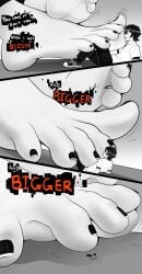 1boy 1girls 2d 2d_(artwork) alice_omnia_(nanoscopic) black_toenails blush feet feet_together female foot_expansion foot_fetish foot_fetish_validation foot_focus foot_growth giantess giantess_feet giantess_growth growing growth growth_sequence larger_female macro male nanoscopic_(artist) original_character original_characters sequence smaller_male smile speech_bubble toes toes_spread