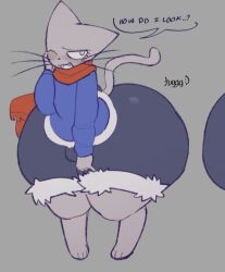 anthro artist_name ass big_butt black_nose blue_clothing blue_sweater blue_topwear blush blush_lines bottomwear bulge clothing domestic_cat english_text eyelashes fangs felid feline felis femboy fur gay gay_anal gay_male gay_sex grey_background grey_body grey_fur grey_tail homosexual homosexual_male homosexual_sex huge_butt huge_thighs hyper hyper_butt long_tail long_whiskers male male/male male_penetrated mammal red_scarf scarf shorts signature simple_background solo solo_male speech_bubble sweater tail teeth teeth_showing text thick_thighs tika_(tuggg) topwear tuggg whiskers white_eyes yaoi
