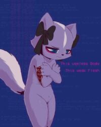 4_fingers absurd_res aggretsuko alternative_fashion anthro background_text blood blue_eyes bodily_fluids bow_ribbon clawing clawing_shoulder depression e254e female fingers fluffy fluffy_tail frustrated fur genitals goth hi_res mammal markings mephitid nude pear-shaped_figure purple_body purple_fur pussy sanrio scar scratching_self self-harm self-harm_scars self_hatred self_hug shikabane_(aggretsuko) skunk solo striped_body striped_fur striped_markings striped_tail stripes tail tail_markings vulva wide_hips