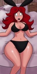 1girls ai_generated ass bed bikini black_bikini black_underwear breasts bunny_girl fairy_tales female literature little_red little_red_riding_hood public_domain red_hair the_magical_mystery_trip_through_little_red's_head time_for_timer underwear
