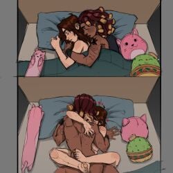 2girls absurdres arm_tattoo bite_mark blanket brown_hair closed_eyes completely_nude couple couple_(romantic) dark-skinned_female dark_skin dreadlocks dvainessa_faj female female/female female_on_female female_only heart highres implied_strap-on killjoy_(valorant) leg_lock lesbian_couple lesbian_sex long_hair multiple_females multiple_girls nail_polish nude orange_nails pillow raze_(valorant) sex sleeping stuffed_animal stuffed_toy tattoo toe_scrunch toenail_polish toenails toes valorant wristband yellow_nails yuri
